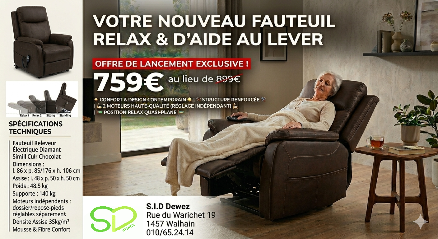 Offre SID Dewez : fauteuil Relax et aide au lever, 759 € au lieu de 899 €
